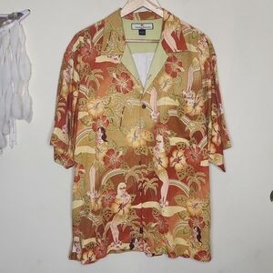 Vintage Tommy Bahama Hula Girl Hisbiscus Floral Camp Shirt Sz Large 100% Silk